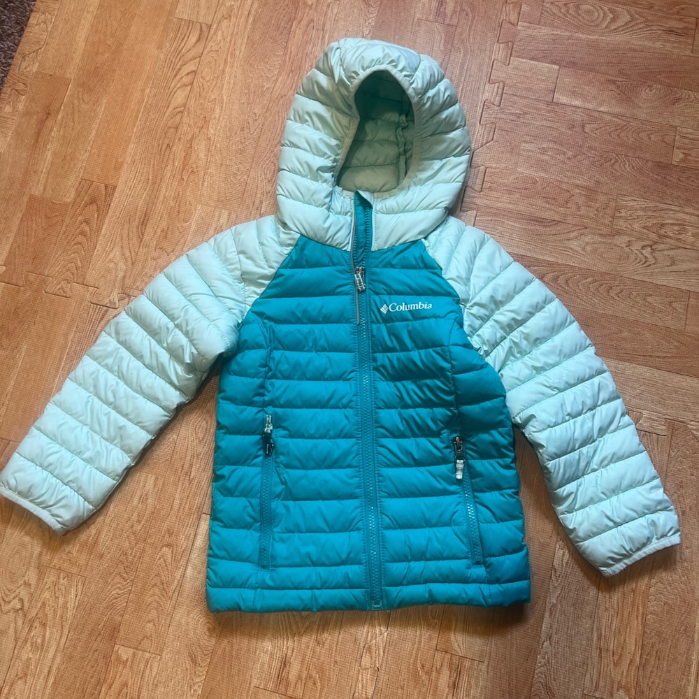 Columbia Kids Puffer Jacket Hooded Teal Blue Lightweight Winter Coat